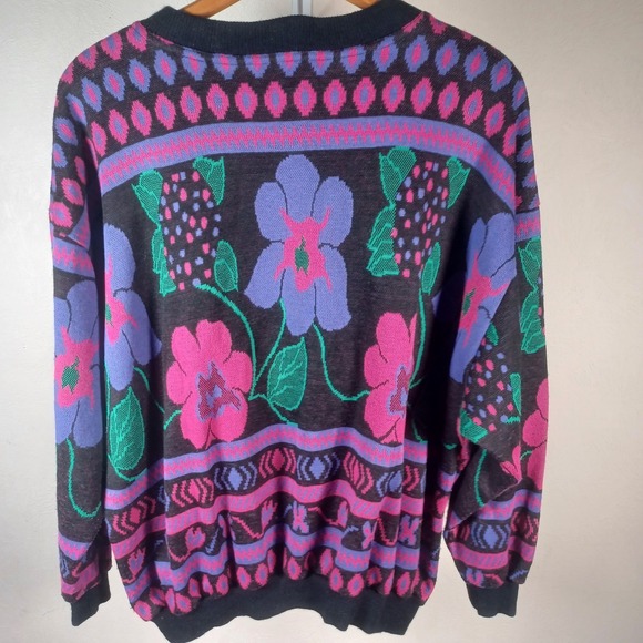 Top Notch Vintage Retro Neon Floral Jacquard Knit Crewneck Sweater Medium - Picture 2 of 7